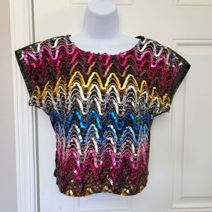 Vintage 70s 80s David Benjamin Multicolor Sequin Crop Top Club Party Size Med
